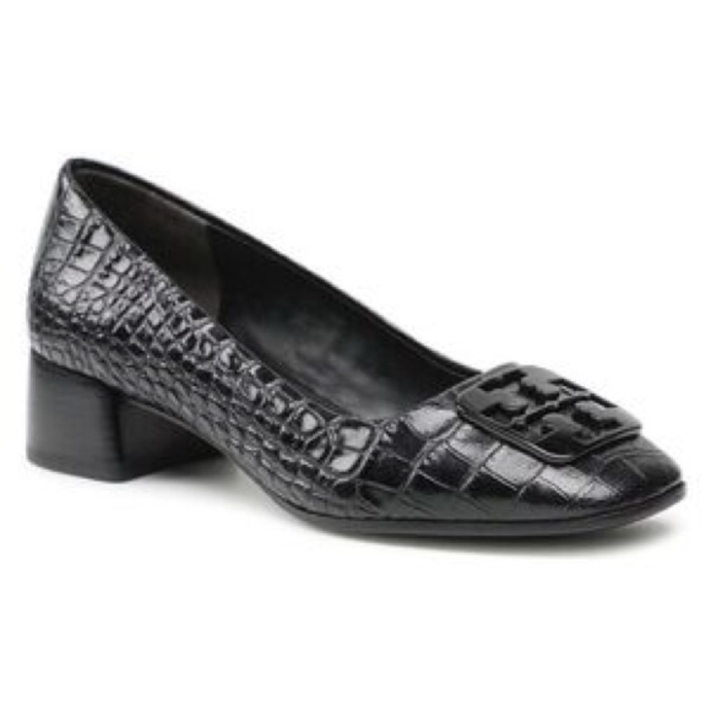 Tory Burch Black Croc-Embossed Georgia Block Heel Pumps